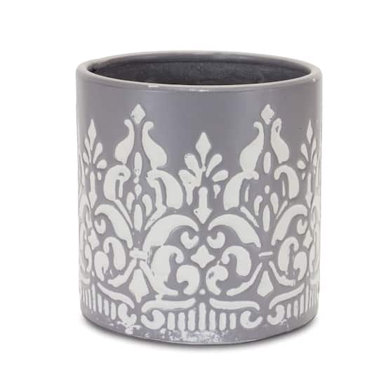 Gray Ornate Metal Planter Set